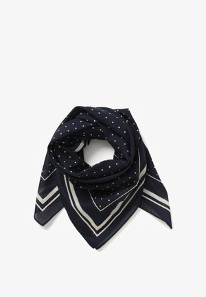 Navyblåt firkantet tørklæde foldet med hvide polkaprikker og dobbelte hvide chevronstriber langs kanterne.