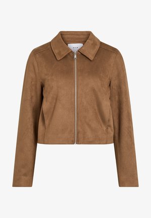 Pruun seemisnahast lühike jakk pikkade varrukatega, esikinnistus lukuga ja lai krae, märgistusega VILA.