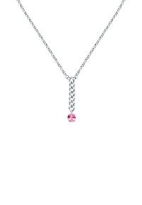 Collana in argento con un link verticale e un pendente in pietra preziosa rosa alla base. La catena presenta una finitura testurizzata.