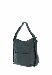 Sac d'épaule gris foncé en tissu texturé, doté d'une bandoulière réglable, d'une fermeture éclair et d'une poche avant pour plus de commodité.