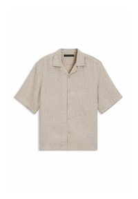 Chemise beige à manches courtes avec boutons, col camp et motif subtil de tissu texturé.