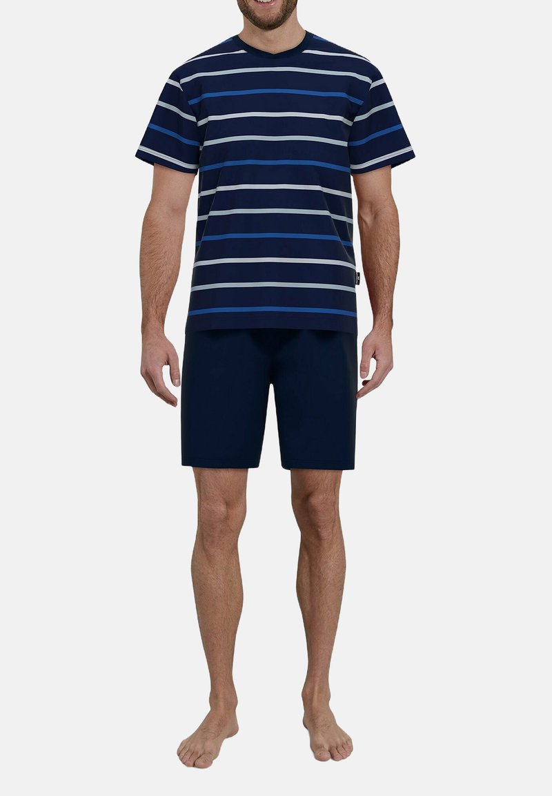 Navy short-sleeve t-shirt with horizontal blue and white stripes, paired with navy shorts, both made of lightweight fabric.