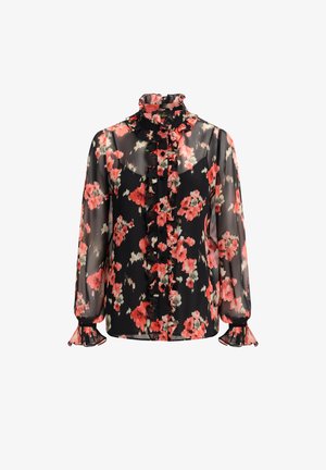 Sheer black blouse with red floral pattern, ruffled collar, and button front. Long sleeves with ruffled cuffs and subtle texture details.