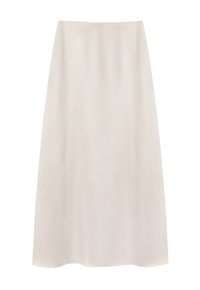Jupe beige clair, arrivant au genou, fabriquée en tissu lisse et léger. Présente une silhouette simple en A avec un design dépouillé.