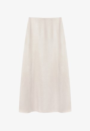 Light beige, knee-length skirt made of smooth, lightweight fabric. Features a simple, A-line silhouette with an unembellished design.