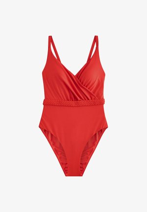 Crvena jednodijelna kupaća kostim s dizajnom omota, podesivim trakama i pletenim remenom oko struka. Glatka, rastezljiva tkanina.