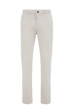 Pantaloni beige realizzati in tessuto leggero, con un design a gamba dritta, chiusura con bottone e uno stile minimalista senza motivi visibili.