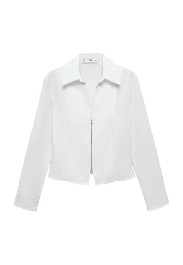 White cropped blouse with long sleeves, a pointed collar, and a front zip closure. Smooth texture and minimal stitching details.