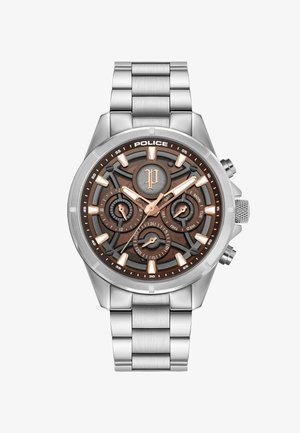 Orologio metallico con cinturino argentato, quadrante marrone texturizzato, accentuazioni in oro rosa e più sottoquadranti. Caratterizza marcatori delle ore audaci e un display della data.