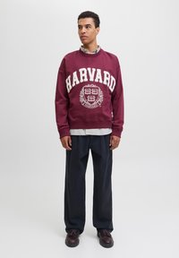 Maroon dukserica s bijelim natpisom "HARVARD" i grbom. Ima rebraste manžete i donji rub. Uparena s tamnim širokim hlačama i smešnim cipelama.