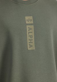 Sudadera verde oscura con un parche de logo texturizado que presenta "ALPHA" en letras gruesas y un emblema arriba, todo en un color claro contrastante.