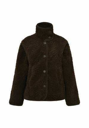 Donkerbruin, fuzzy knoopjasje met hoge kraag en lange mouwen, gemaakt van gestructureerd sherpa-materiaal.