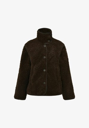 Sötétbarna, bolyhos gombos kabát magas gallérral és hosszú ujjal, texturált sherpa anyagból készült.