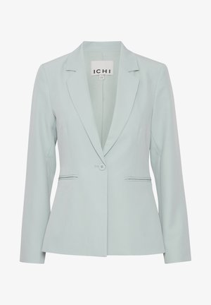 Jasnozielony żakiet z gładkiego materiału, z pojedynczym zapięciem na guzik, z wyłogami i dwoma przednimi kieszeniami.