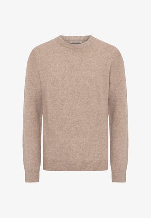 Beige crew-neck sweater made of soft knit fabric, featuring a relaxed fit, long sleeves, and ribbed cuffs and hem.