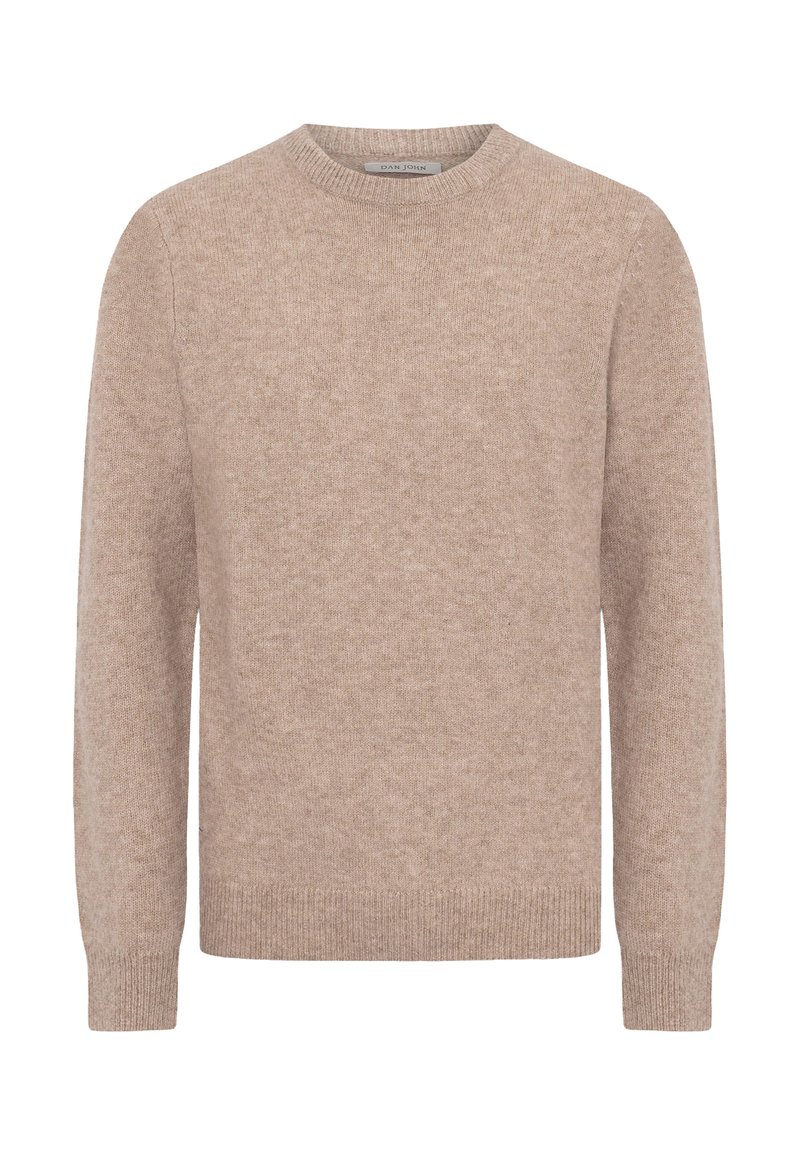 Beige Rundhals-Pullover aus weichem Strickstoff, mit lockerem Schnitt, langen Ärmeln sowie gerippten Bündchen und Saum.