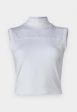 White sleeveless top with a high neck, smooth texture, and a cropped design. Features a horizontal seam across the chest.