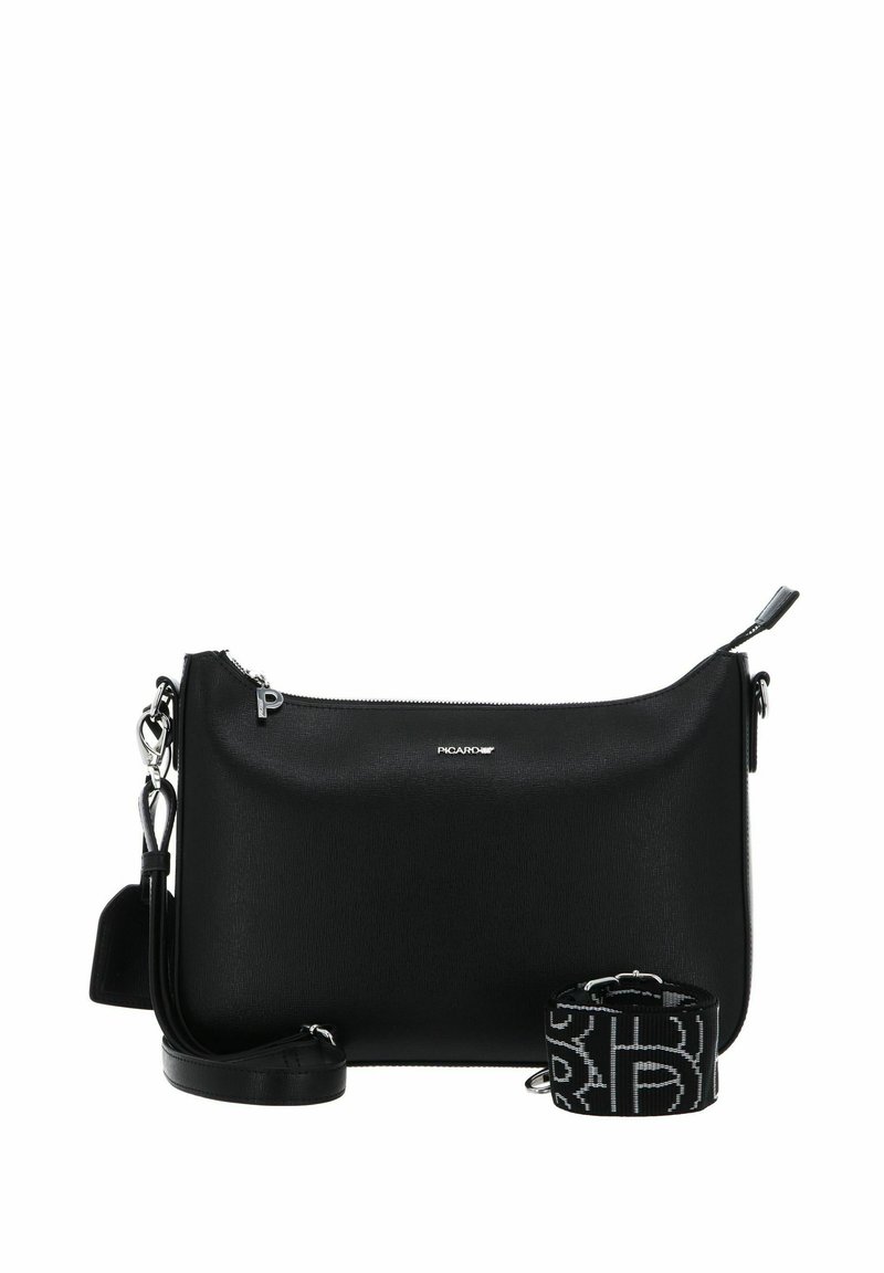 Borsa a tracolla in pelle nera con finitura testurizzata, hardware in argento, manico staccabile e accento con logo. Include una tracolla coordinata con motivo.