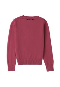 Bordowy sweter dzianinowy z prążkowanym dołem i mankietami, z okrągłym dekoltem i metką z logo na górnej części pleców. Tkanina o fakturze.