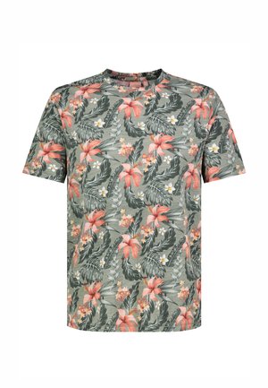 Graues T-Shirt mit kurzen Ärmeln, gemustert mit pinken und weißen tropischen Blumen und großen grünen Palmblättern, Rundhalsausschnitt.