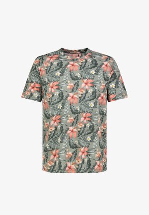 Graues T-Shirt mit kurzen Ärmeln, gemustert mit pinken und weißen tropischen Blumen und großen grünen Palmblättern, Rundhalsausschnitt.