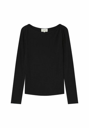 Haut noir à manches longues avec un col rond et une coupe ajustée. Fabriqué en tissu doux, il présente des lignes épurées et aucun matériel visible.