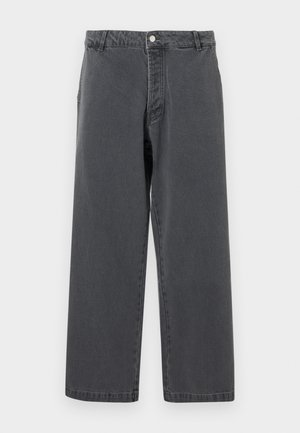 Pantaloni gri din denim, cu croială dreptă, închidere cu nasturi și design clasic cu cinci buzunare. Țesătura are un finisaj ușor texturat.