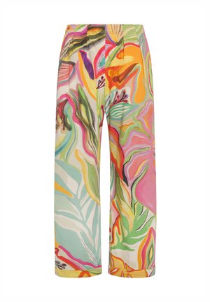 Wide-leg trousers in a lightweight fabric featuring a vibrant, multicolored floral pattern, with pleats and a hem that rolls up slightly.