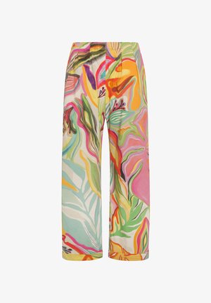 Pantaloni a gamba larga in un tessuto leggero caratterizzati da un vivace motivo floreale multicolore, con pieghe e un orlo che si arrotola leggermente.