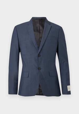 Marineblauwe herenblazer met twee knopen, inkeping revers, voorzakken met klep en zwarte voering, weergegeven op een witte achtergrond.