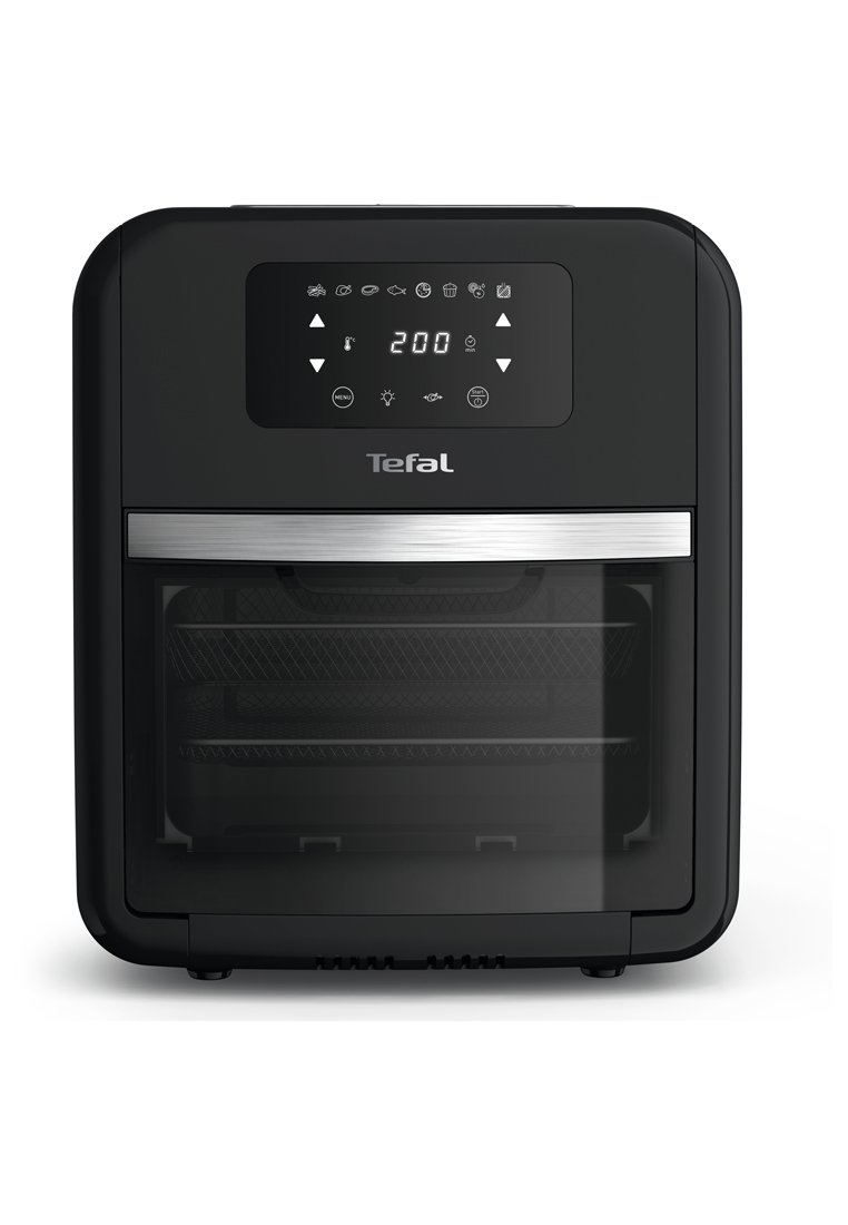Tefal Heißluftfritteuse mit einer eleganten schwarzen Oberfläche, einem digitalen Bedienfeld zur Anzeige der Temperatur, einem Edelstahlakzent und einer transparenten Tür.