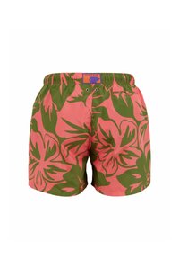 Costumi da bagno da uomo con sfondo rosa e grandi motivi floreali verdi, cintura elastica e tasca posteriore con dettaglio a bottone.