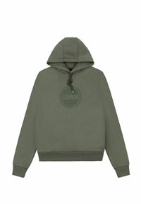 Khaki zelena dukserica s kapuljačom i vezicom, sa okruglim logotipom u sredini. Rebraste manžetne i donji rub za čvrsto prianjanje.