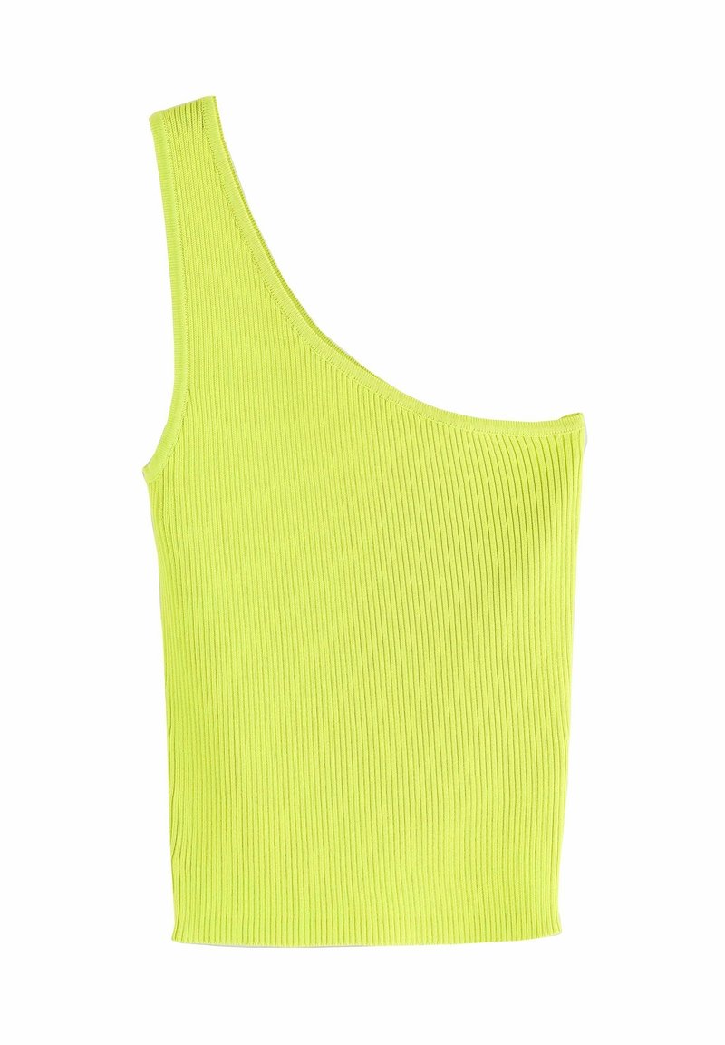 Haut en maille côtelée jaune vif avec une bretelle unique et un décolleté asymétrique, sans manches, style ajusté.