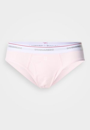 Svetloroza bombažne spodnjice z rebrasto teksturo, s belim pasom z rdečimi poudarki in logotipom "DSQUARED2" v srebrni barvi.