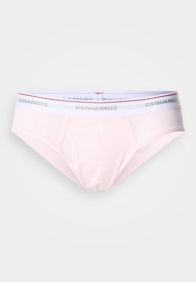 Ροζ βαμβακερό σλιπ με ραβδωτή υφή, με λευκή ζώνη μέσης με κόκκινες λεπτομέρειες και το λογότυπο "DSQUARED2" σε ασημί.