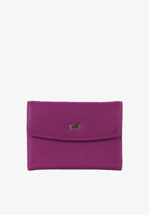 Lila Lederbörse mit strukturierter Oberfläche, magnetischem Verschluss und kleinem silbernen Logo-Akzent auf der Vorderseite.