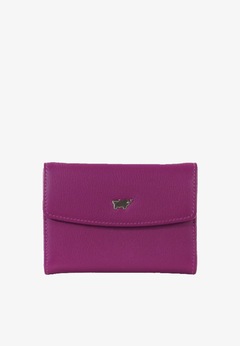 Portafoglio in pelle viola con superficie testurizzata, chiusura magnetica e un piccolo logo argento sul fronte.