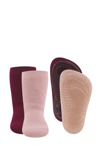 Zestaw czterech skarpet o teksturze w odcieniach bordowym i różowym. Zawiera dwie pary z gumowanymi podeszwami dla lepszej przyczepności i wsparcia.