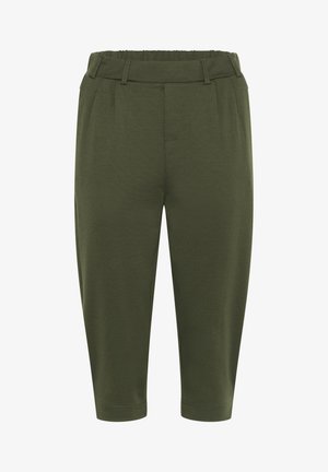 Olivgrüne, kurze Hosen mit Rippbund, Falten an der Vorderseite und glatter Textur, mit einem schmal zulaufenden Bein.