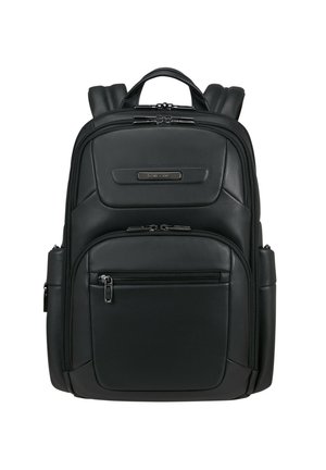 Black synthetic backpack with dual padded shoulder straps, multiple zippered compartments, and a smooth textured surface. Features a top handle.