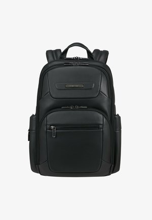 Black synthetic backpack with dual padded shoulder straps, multiple zippered compartments, and a smooth textured surface. Features a top handle.