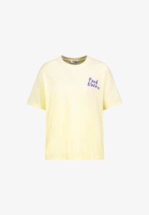 Pale yellow short-sleeve t-shirt with round neckline and purple text "Food & Wine" on the left chest.