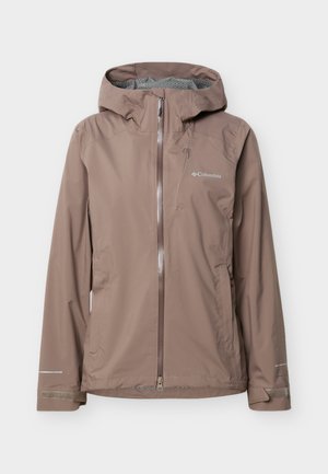 Αδιάβροχο μπουφάν με καφέ ανοιχτό καφέ σκούρο κουκούλα, με πλήρες φερμουάρ μπροστά, φερμουάρ στην τσέπη στο στήθος, ρυθμιζόμενες μανσέτες και λογότυπο Columbia στο αριστερό στήθος.