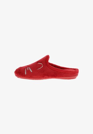 Chausson rouge en velours avec une texture douce, à l'arrière fermé, et un motif brodé argenté sur le bout. Semelle plate pour le confort et l'utilisation en intérieur.