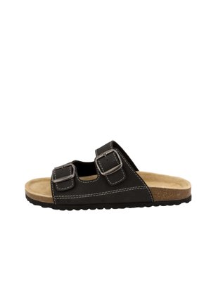 Czarna sandałka z odkrytymi palcami, z dwoma regulowanymi paskami z klamrami oraz beżową wyściółką na teksturowanej czarnej podeszwie.