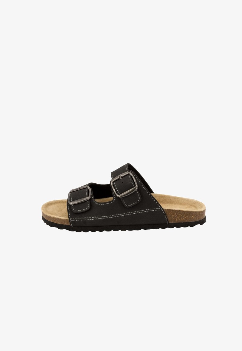 Sandale noire à bout ouvert avec deux brides réglables à boucle et une semelle intérieure beige rembourrée sur une semelle noire texturée.