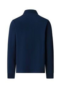 Marineblauwe lange mouwen shirt met een gekraagde hals, zachte textuur en aansluitende manchetten. Minimalistisch ontwerp zonder extra patronen of versieringen.
