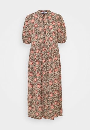 Blomstret midi-kjole med rosa og beige blomster, korte pufærmer, indsnævret talje og V-udskæring.