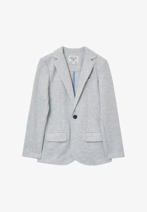 Grauer Blazer aus strukturiertem Stoff. Verfügt über einen Reverskragen, zwei Vordertaschen, eine einreihige Knopfschließe und eine blaue Innenausstattung.